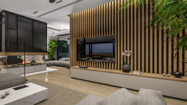 istock 3d rendering of modern cozy interior with living, dining zone, stair and kitchen 1426555171