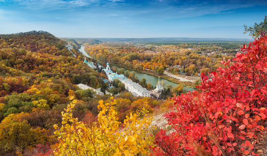 Orthodox church in Svyatogorsk, Donetsk Region, Ukraine. Autumn colorful landscape.