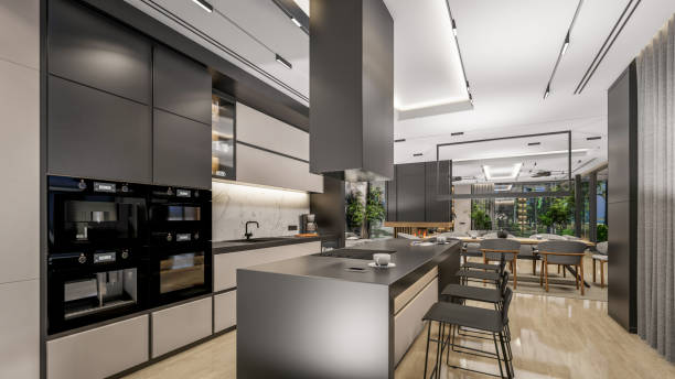 istock 3d rendering of modern cozy interior with living, dining zone, stair and kitchen 1426555203