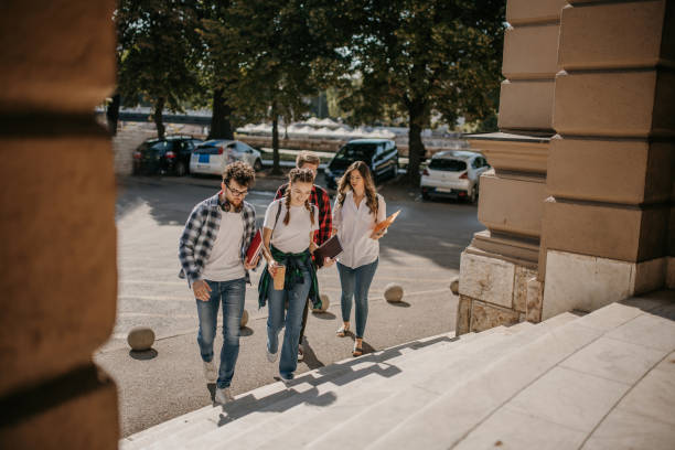 Group of friends chatting while arriving on campus High angle view of group of male and female friends university students chatting while arriving on campus exchange student stock pictures, royalty-free photos & images