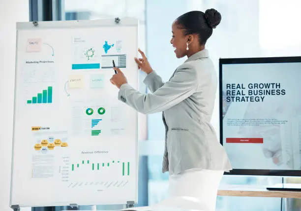 Business presentation, pitch or meeting of a female finance manager showing statistics and graphs of performance. A corporate woman or accountant talking about accounting strategy and growth