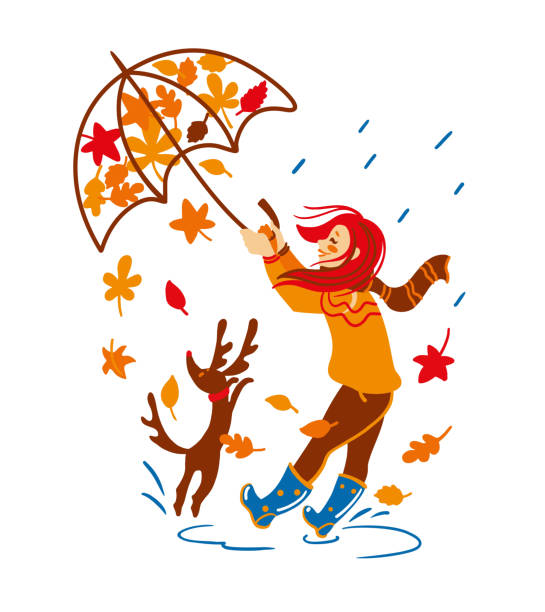 ветер вырывает зонтик из рук девушки. - autumn leaf falling wind stock illustrations
