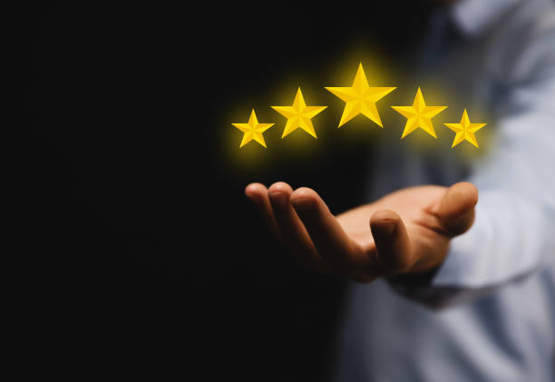 istock positive customer reviews write a five-star review. Satisfaction, Feedback, and Customer Service Concepts Best response from the product user experience. dark background 1426560244