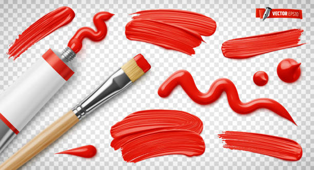 ilustrações, clipart, desenhos animados e ícones de tubo de pintura realista vetorial, pincel e pinceladas - paintbrush paint art red