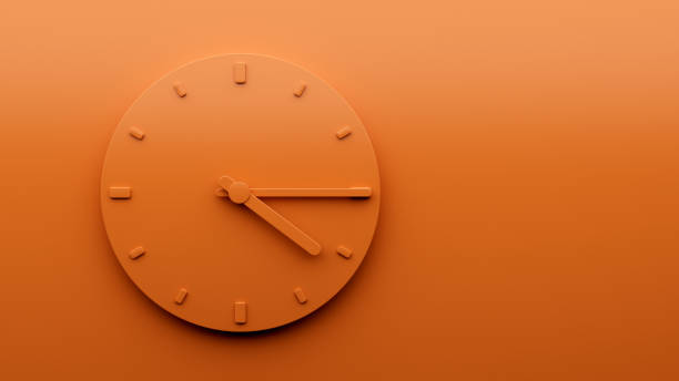 istock Minimal Orange clock 4:15 quarter past Four o'clock abstract Minimalist wall clock 16:15 or Four fifteen 3d Illustration 1426560696
