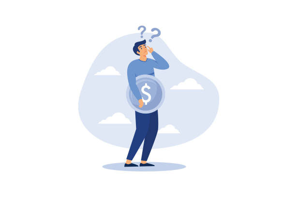 ilustrações de stock, clip art, desenhos animados e ícones de money question, where to invest, pay off debt or invest to earn profit, financial choice or alternative to make decision concept, businessman investor holding money coin thinking about investment. - decisions