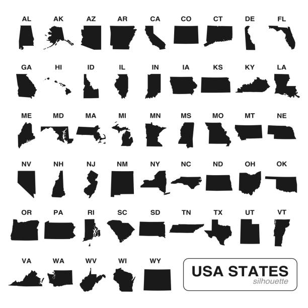 Us states set flat style vector black silhouette map Editable vector of all 50 USA states maps black silhouette collection. Travel and commerce related concept illustration alaska us state stock illustrations