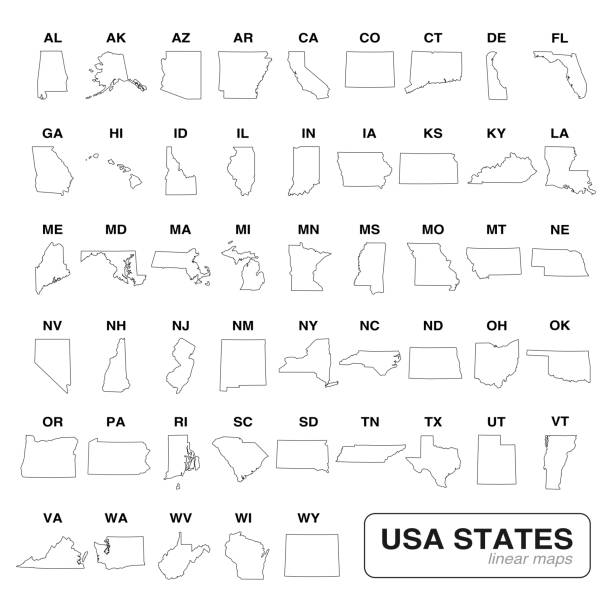 Us states set flat style vector line map Editable vector of all 50 USA states line art maps collection. Travel and commerce related concept illustration alaska us state stock illustrations