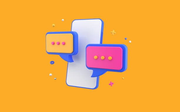 istock Bright chatting bubble icons with smartphone. Social media communication concept. Modern design, 3d rendering on yellow background. 1426567021