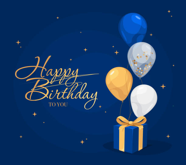 illustrazioni stock, clip art, cartoni animati e icone di tendenza di biglietto d'invito blu buon compleanno con palloncini e confezione regalo - mongolfiera