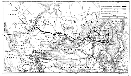 Antique illustration: Trans-Siberian Railway map