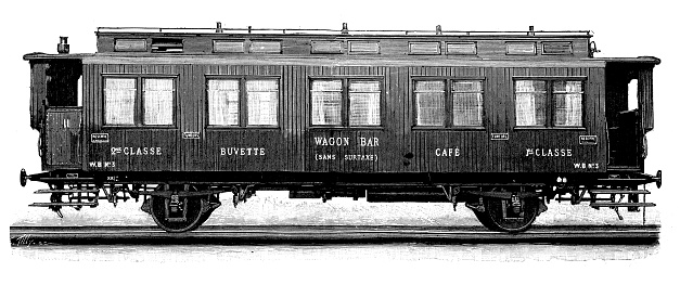 Antique illustration: Train wagon restaurant dining car