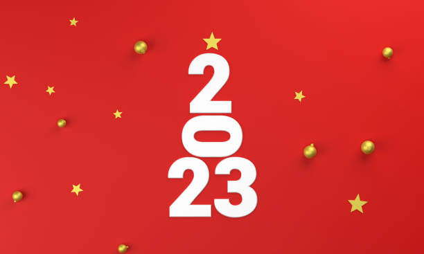 istock Christmas Tree decorations and 2023 lettering on red background. 2023 New Year Background. 1426572436