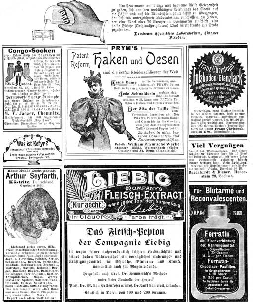 Ads in a German magazine of 1896 Illustration from 19th century. africa antique old fashioned engraving stock illustrations