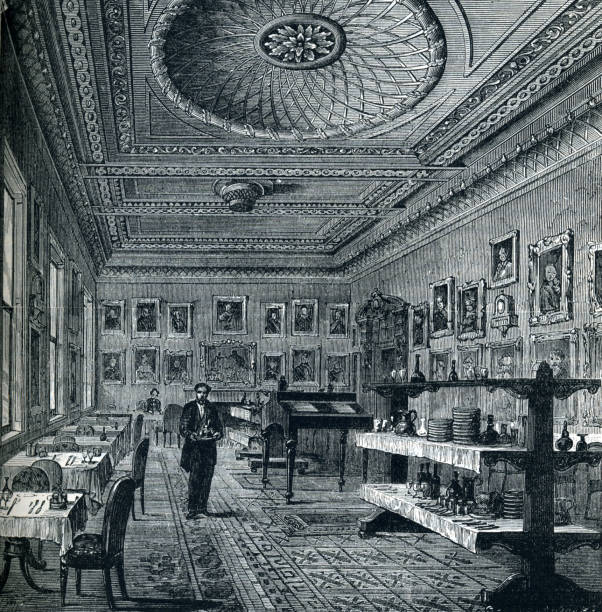 the garrick club dining room londyn anglia 19th century - david garrick stock illustrations