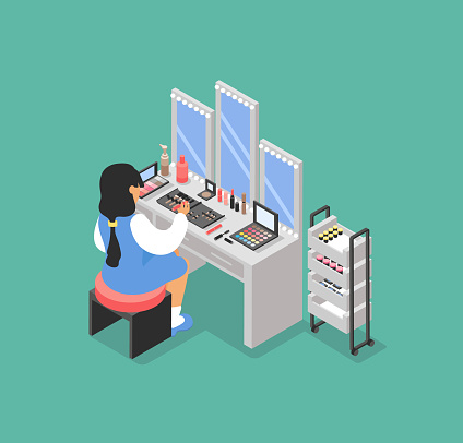 Makeup artist workplace with mirror. Isometric vector illustration.