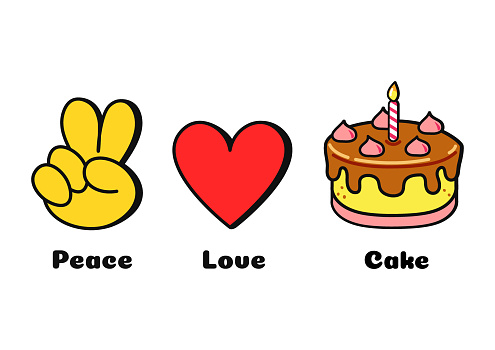 Peace, love, cake concept print for t-shirt. Vector cartoon doodle line graphic illustration logo design. Peace sign, heart, cake print for poster, t-shirt, logo concept
