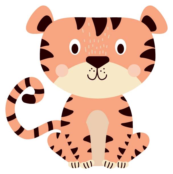 süßer sitzender tiger. gestreifte lustige tigerfigur - babytiger stock-grafiken, -clipart, -cartoons und -symbole