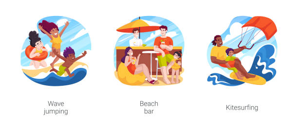 Beach time isolated cartoon vector illustration set Beach time isolated cartoon vector illustration set. Children having fun in the waves, jumping in surf, summer vacation, drink tropical cocktail at beach bar, learn kitesurfing vector cartoon. family beach vacations travel stock illustrations