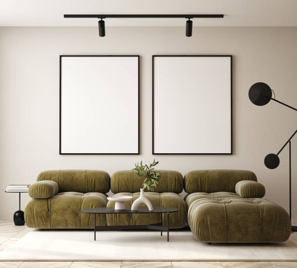 mock up poster frame in modern interior background, living room, Scandinavian style, 3D render, 3D illustration