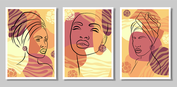 A set of three paintings. A girl in the tropics. Abstract portrait of a young woman in a minimalist style. Drawing lines. Beautiful African woman. Pop Art Style Wall Art, Colorful Wall Art.