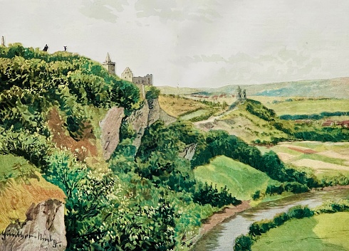 The Rudelsburg is a hilltop castle above Saaleck in the Burgenland district in Saxony-Anhalt. Illustration from 19th century.