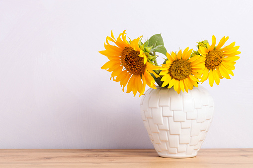 Three orange sunflowers in a white clay vase on a wooden background.