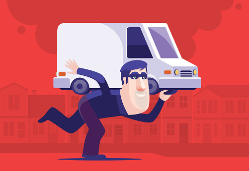vector illustration of burglar carrying car on back and running