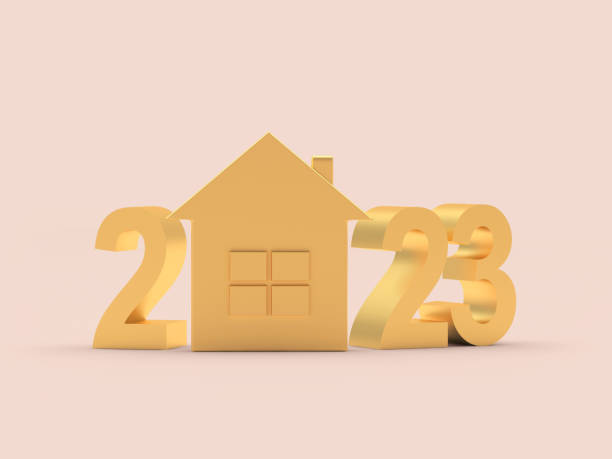 istock Golden house icon with 2023 number. 3D 1426597433