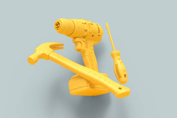 Flying view of yellow construction tools for repair and installation on grey background. 3d rendering and illustration of service banner for house plumber or repairman