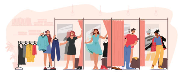 Young People in Fitting Room, Men and Women Trying on Closes in Changeroom at Store, Sales Assistant Help to Customers Young People in Fitting Room, Men and Women Trying on Closes in Changeroom at Store, Sales Woman Assistant Help to Choose Apparel to Customers Stand in Cabin with Mirror. Cartoon Vector Illustration fitting room stock illustrations