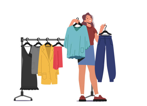 illustrazioni stock, clip art, cartoni animati e icone di tendenza di giovane donna elegante che sceglie nuovi vestiti alla moda in negozio. ragazza che acquista stand di indumenti vicino a hanger in apparel boutique - serving people teenage girls female