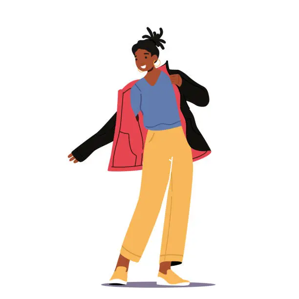 Vector illustration of African Female Character Dressing Up Warm Coat. Woman Put on Winter or Autumn Clothes Prepare to go Outside