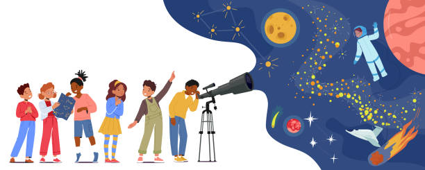 Children Look In Telescope, Curious Little Boys and Girls Study Astronomy Science. Kid Characters Observe Sky with Moon Children Look In Telescope, Curious Little Boys and Girls Study Astronomy Science. Kid Characters Observe Sky with Moon, Stars, Milky Way and Astronaut in Space, Cartoon People Vector Illustration starry sky telescope stock illustrations