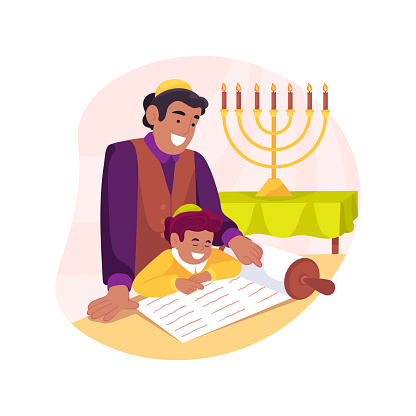 Teaching Torah at home isolated cartoon vector illustration. Father teaching Tohar to his little son, reading holy book together, jewish religion, everyday belief rituals vector cartoon.