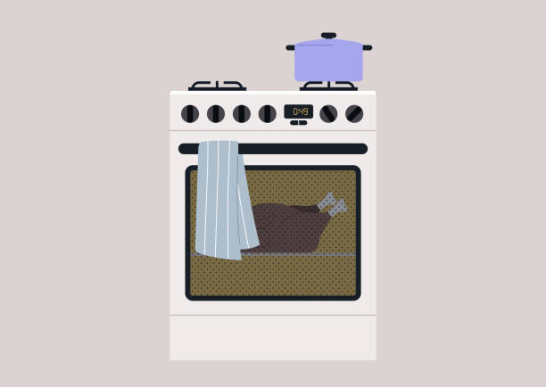 illustrations, cliparts, dessins animés et icônes de une préparation de dîner festive, une dinde au four, des vacances de thanksgiving - natural gas gas burner flame