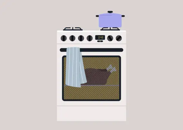 Vector illustration of A festive dinner preparation, a turkey in the oven, Thanksgiving holiday