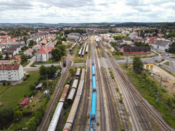 istock Aerial view at yard trains and railroad with wagons 1426606847