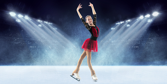 Success. Junior female figure skater wearing beautiful dress performing short program over ice arena background. Dance, winter sports, achievements, champion concept. Creative collage