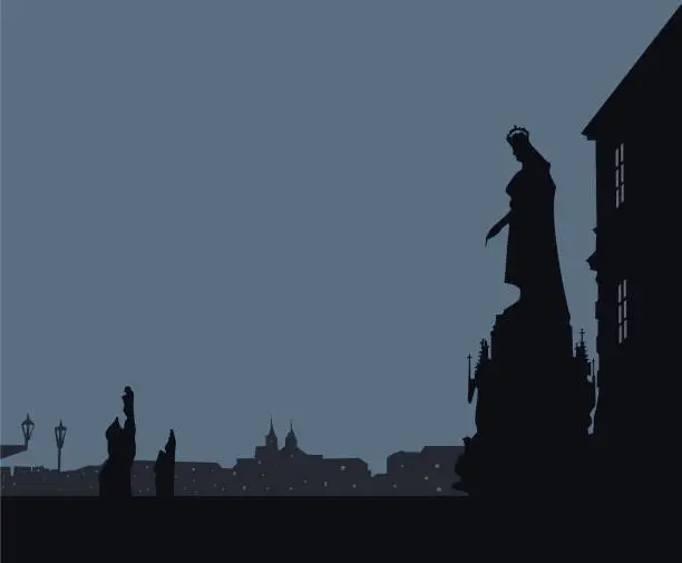 Vector illustration of Prague Charles bridge view dark mood