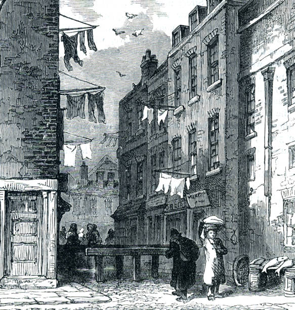 ilustrações, clipart, desenhos animados e ícones de a torre em st giles 19th century london - victorian style victorian architecture london england slum