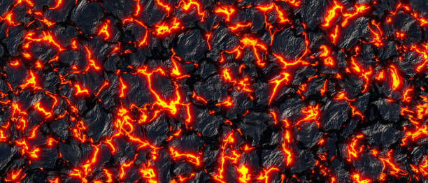 istock Realistic lava flame on black ash background. Texture of molten magma surface 1426616401