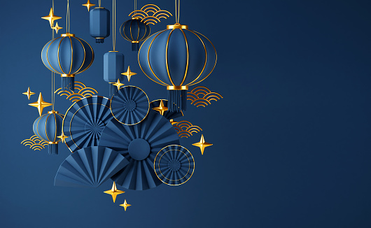 Chinese blue background for product display presentation. Happy Chinese new year concept with folded paper fans, lanterns, gold stars. Mid autumn festival background. 3d render