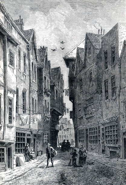 ilustrações, clipart, desenhos animados e ícones de little sanctuary london street 19th century - victorian style victorian architecture london england slum