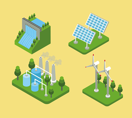 Green energy, renewable energy isometric. Vector illustration.
