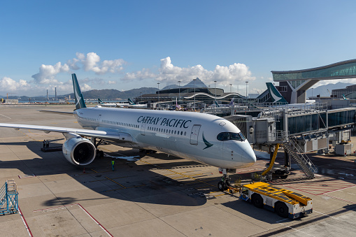 Hong Kong - August 14, 2022 : Cathay Pacific Airbus A350 aircraft at the Hong Kong International Airport.