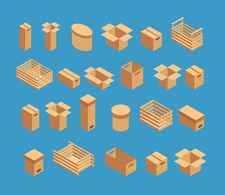 Different types of boxes, wooden, cardboard. Vector illustration.