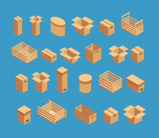 Vector illustration of Boxes, Wooden, Cardboard Isometric Vector