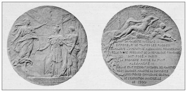 Antique illustration: Commemorative medal of the first stone of Alexandre III bridge (Pont Alexandre III) Antique illustration: Commemorative medal of the first stone of Alexandre III bridge (Pont Alexandre III) pont alexandre iii stock illustrations