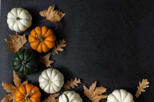 Autumn brown and gold leaves and pumpkins on a dark black background. Flat lay, top view stock photo
